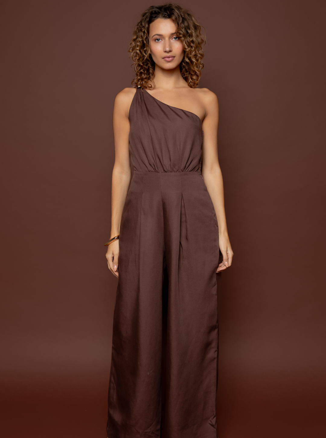 Aurora: One-Shoulder Jumpsuit - Brown Chocolate