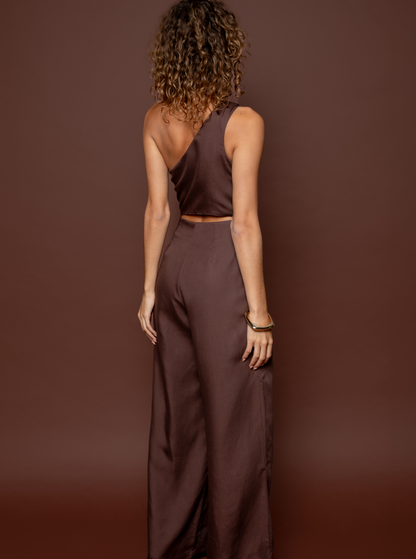 Aurora: One-Shoulder Jumpsuit - Brown Chocolate